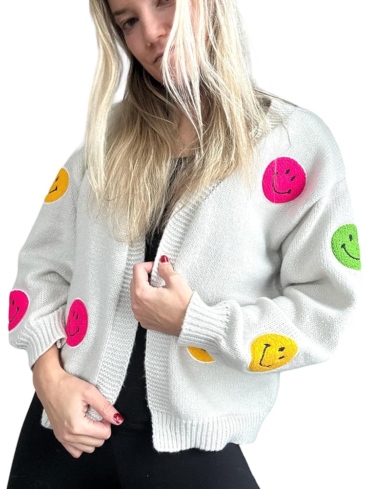 Amazon.com: Cardigan Embroidered Patch Knit Smiley Face
